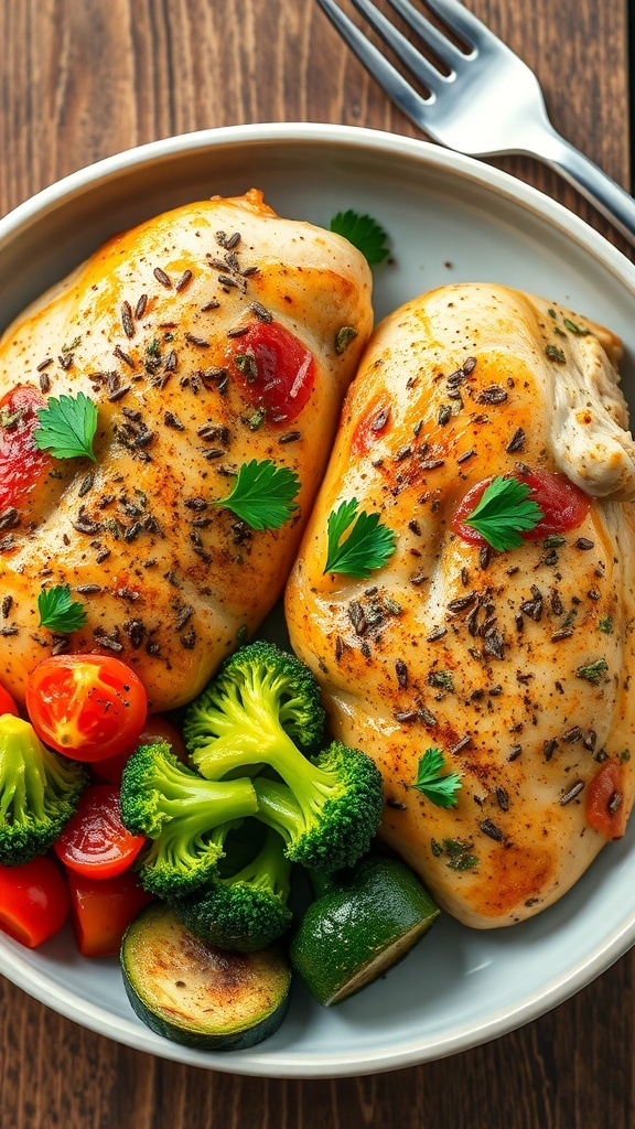 Juicy baked chicken breasts seasoned with Italian herbs, served with low carb vegetables on a rustic table.
